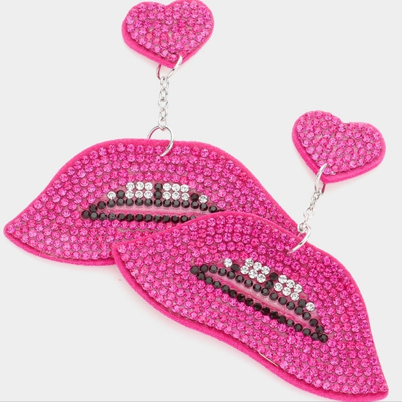 Fuchsia Heart Bling Dangle Lip Earrings Cute Fashion Statement Accessories - Picture 3 of 3